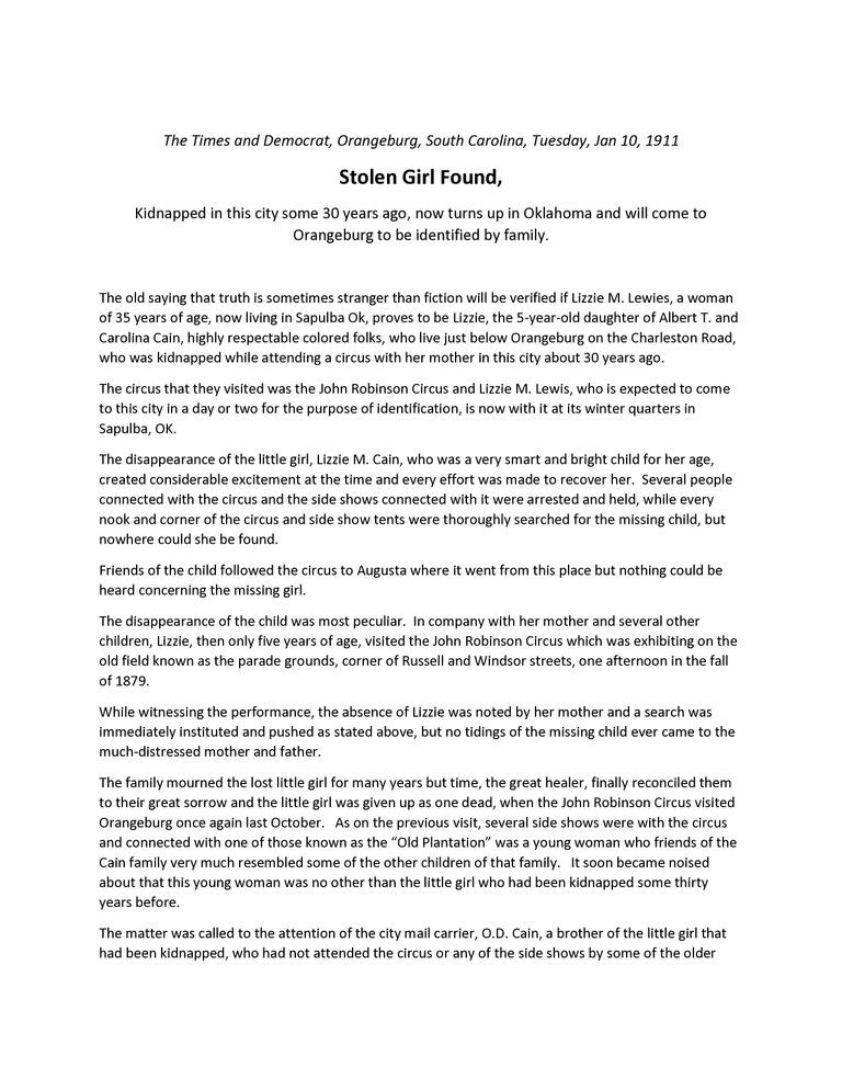 Newspaper article about Lizzie Cain